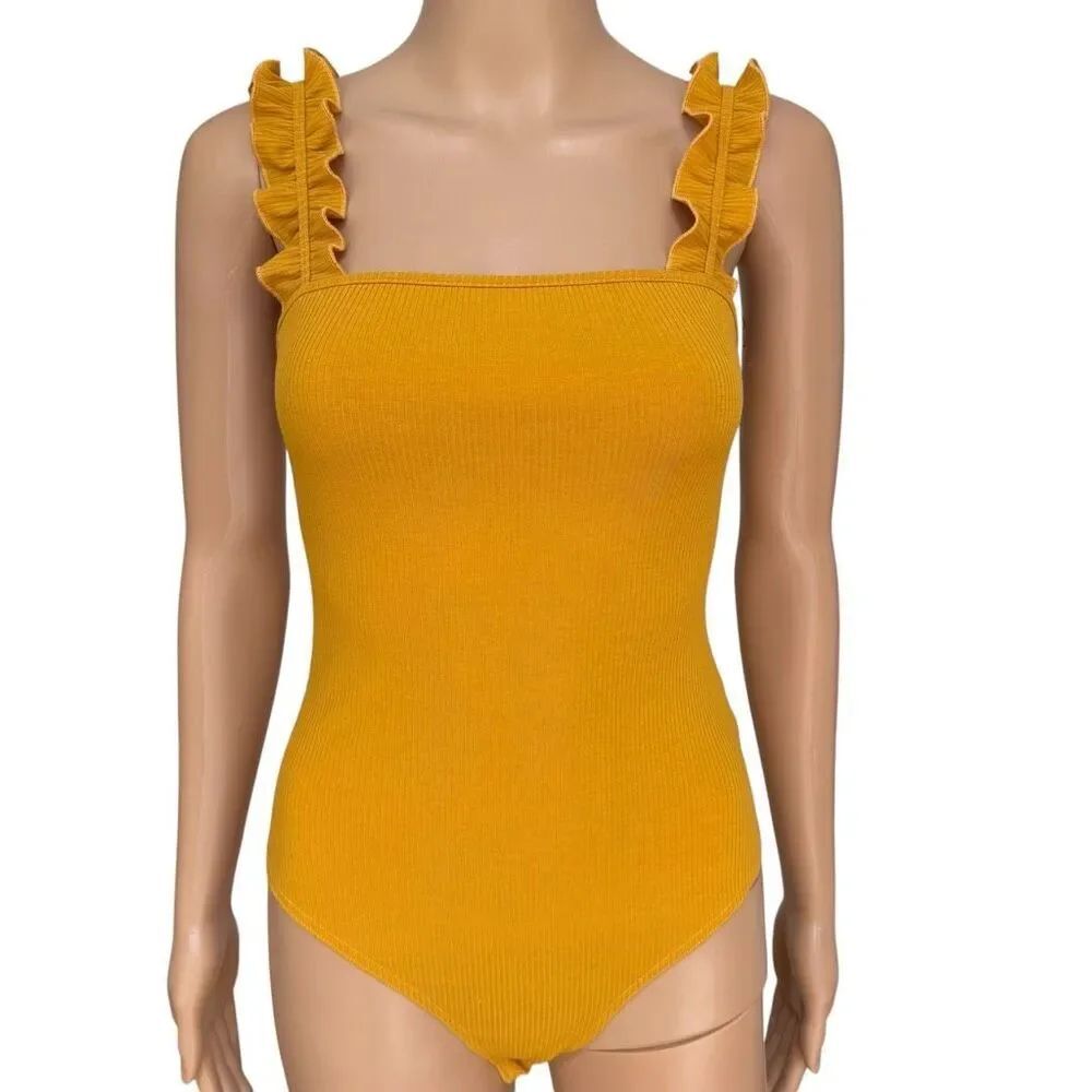 Le Lis Collection Mustard Yellow Ribbed Ruffle Strap Bodysuit Size Small
